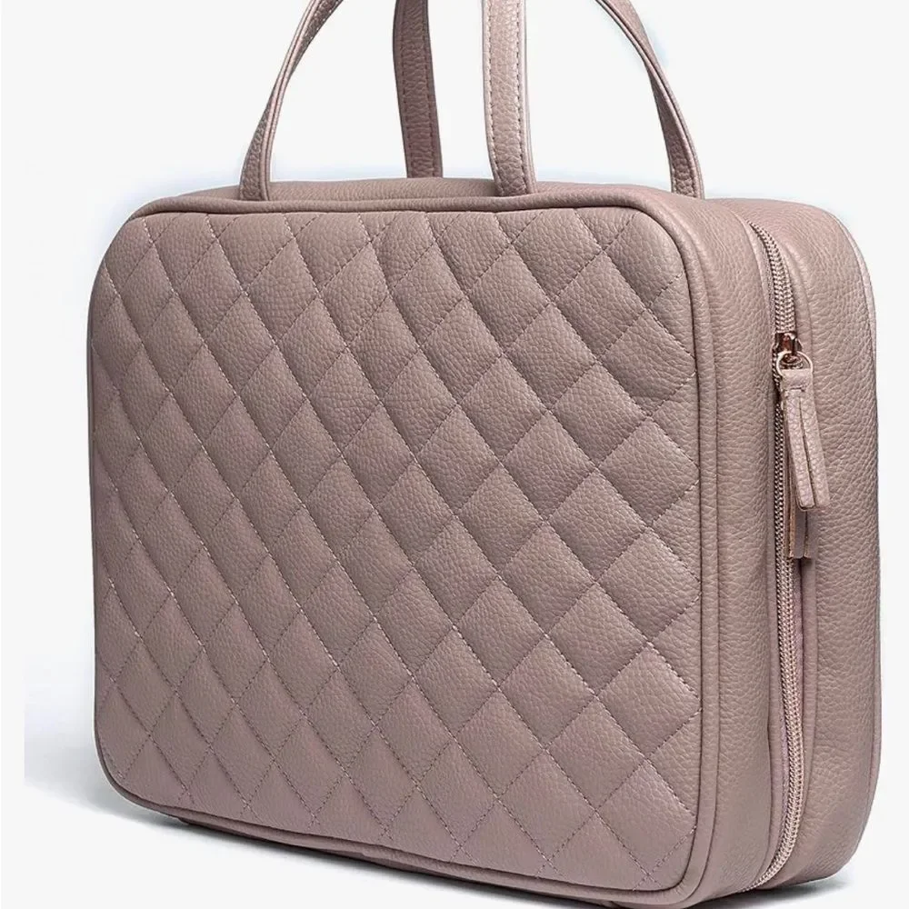 Chic Quilted‎ Leather Large Travel Toiletry Bag in Pink